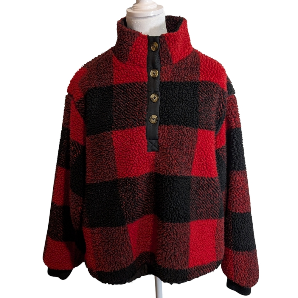 American Eagle Womens Buffalo Plaid Sherpa Oversized Fit Jacket Pullover XS